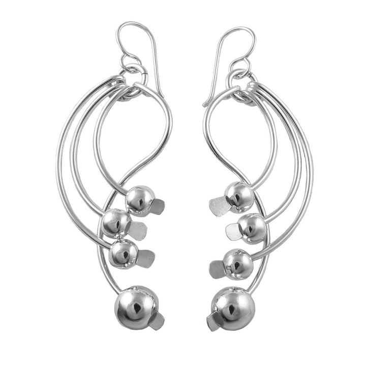 A pair of premium sterling 925 silver dangling earrings with curved wire loops and small polished ball bead accents, shown on a plain white background.