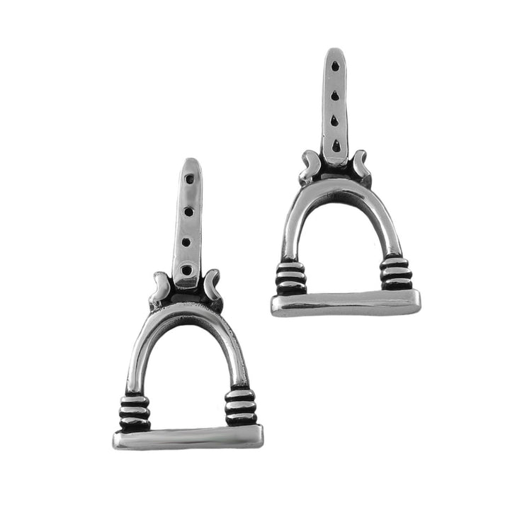 A pair of sterling silver equestrian-style earrings shaped like horse stirrups, shown on a plain white background.
