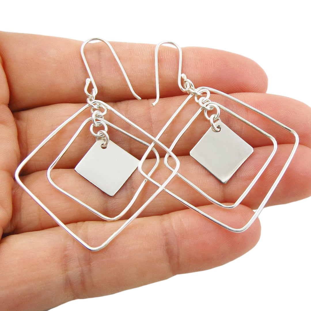 Modern Square Dangling Silver Earrings