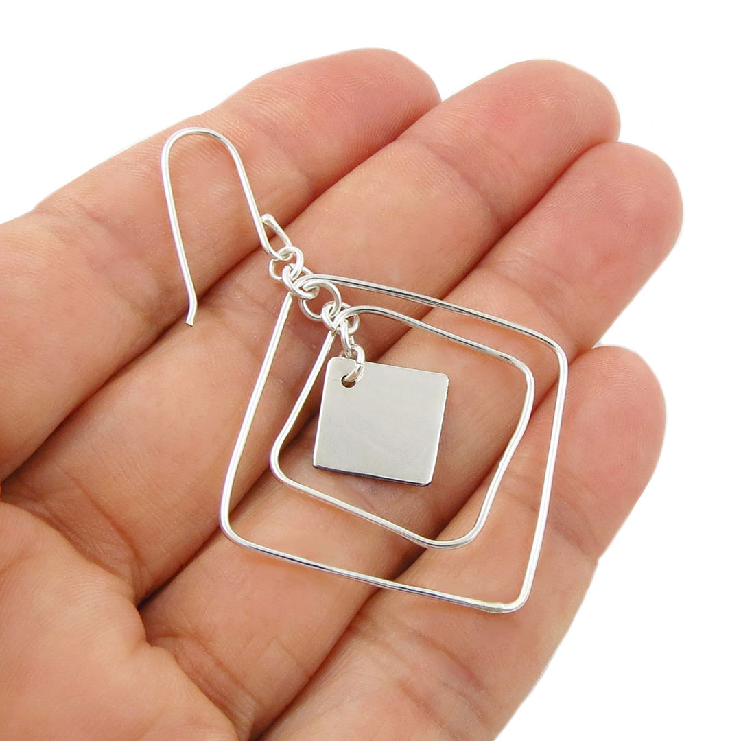 Modern Square Dangling Silver Earrings