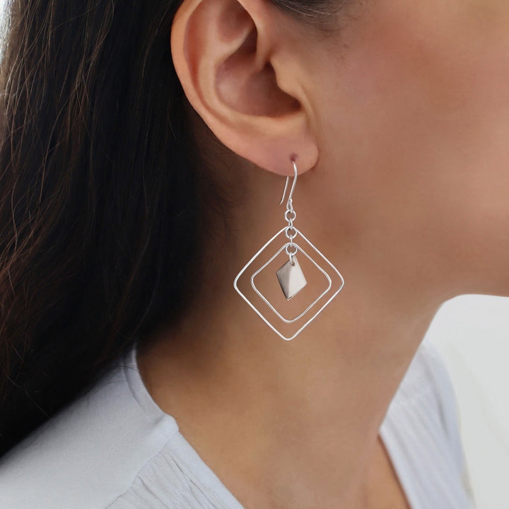 Modern Square Dangling Silver Earrings