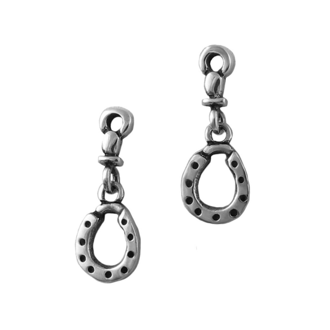 A pair of sterling silver horseshoe dangle earrings shown on a plain white background.