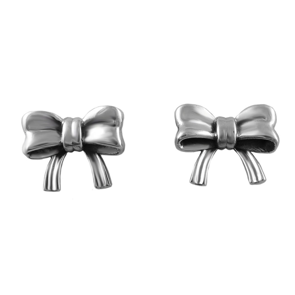 A pair of polished sterling 925 silver bow-shaped large ribbon stud earrings for women on a plain white background.