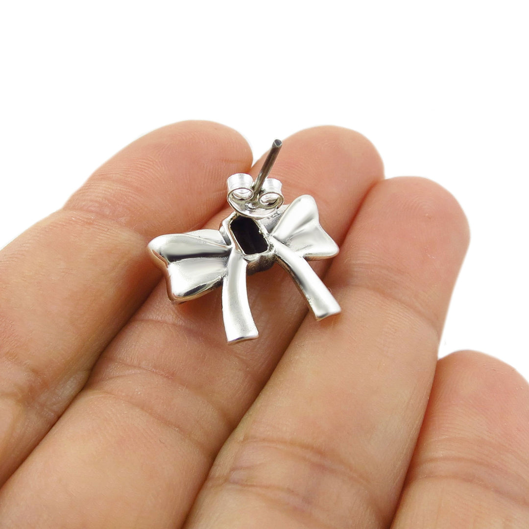 Sterling Silver Ribbon Bow Stud Earrings