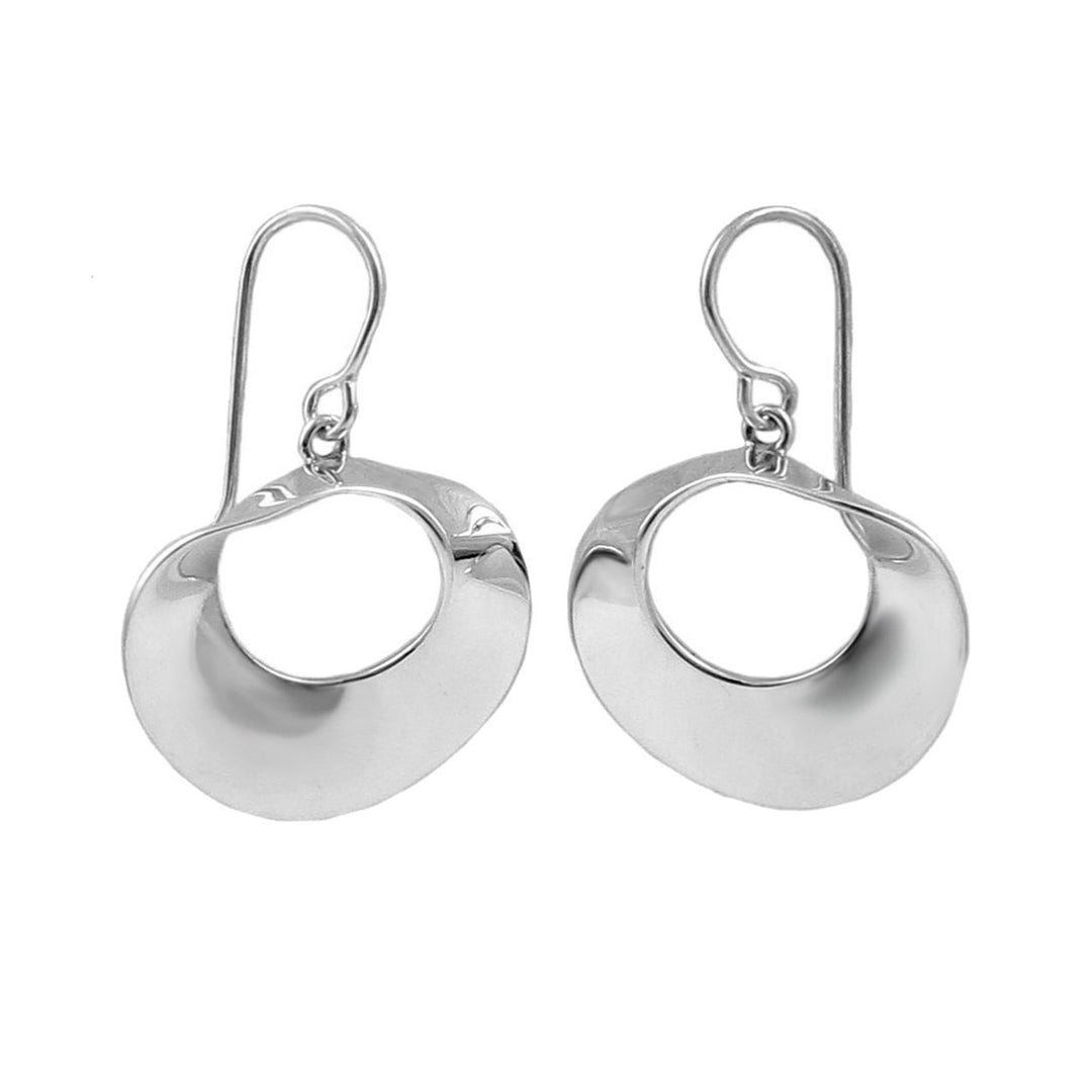 A pair of 925 sterling silver earrings featuring dangling moebius circles on long ear hooks against a white background. 