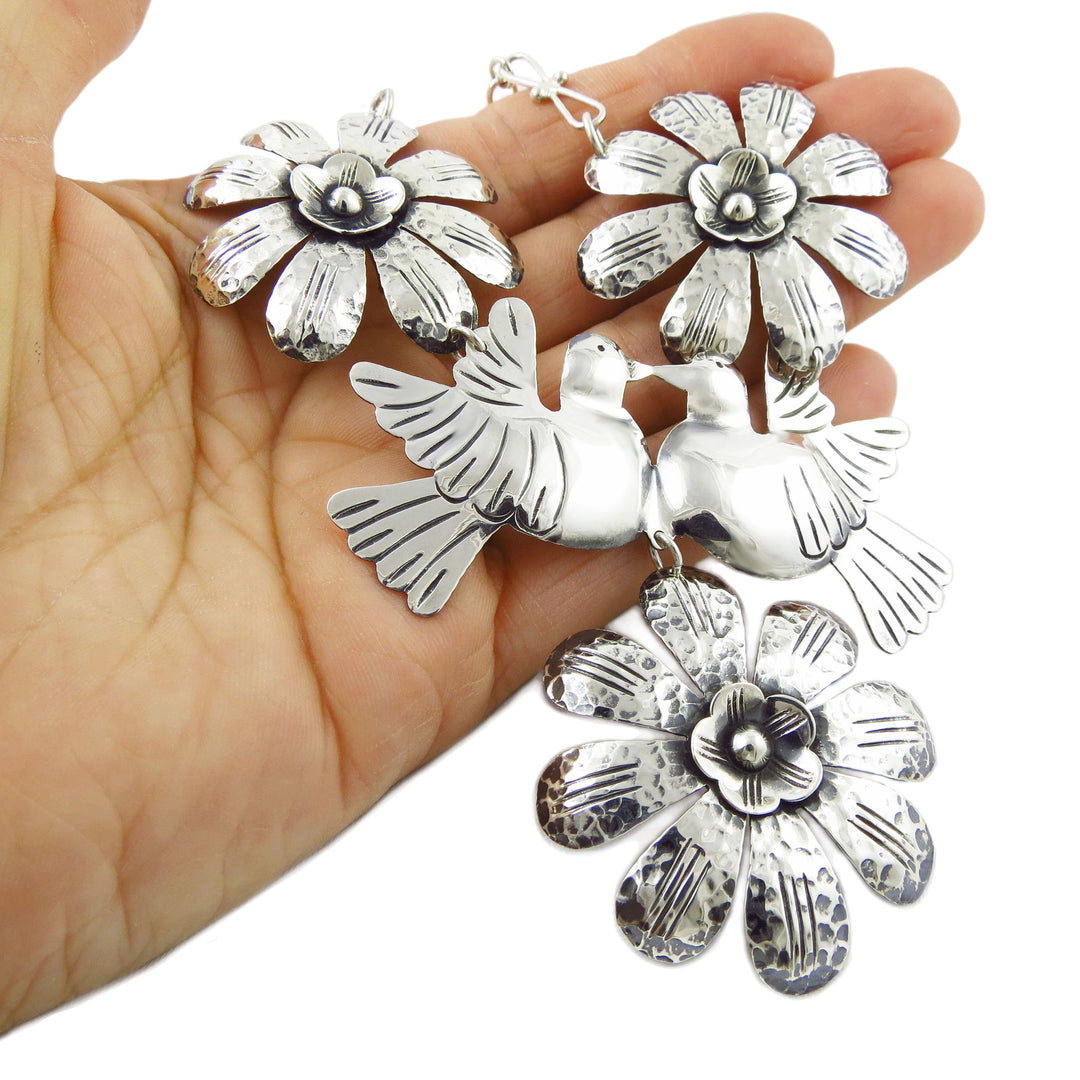 Sterling Silver Lovebird and Flowers Statement Necklace