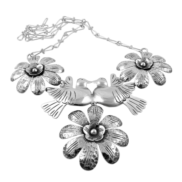 Sterling Silver Taxco Lovebird and Flowers Statement Necklace