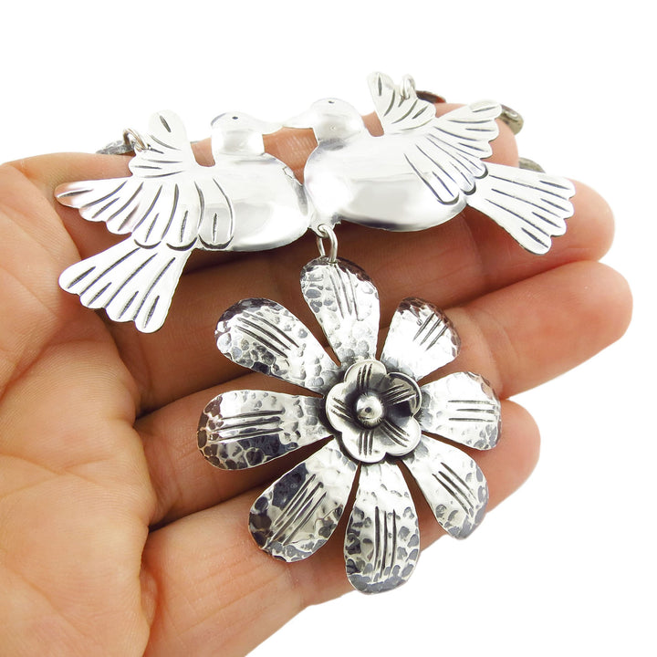 Sterling Silver Lovebird and Flowers Statement Necklace