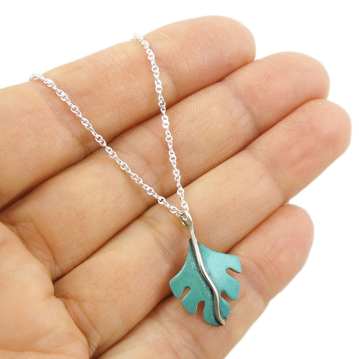 Forest Green Patina Leaf Necklace in Copper and Silver