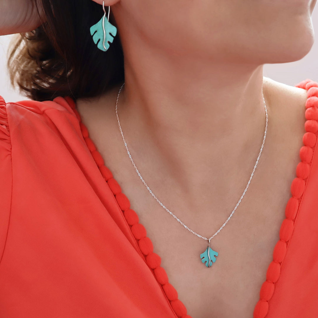 Forest Green Patina Leaf Necklace in Copper and Silver