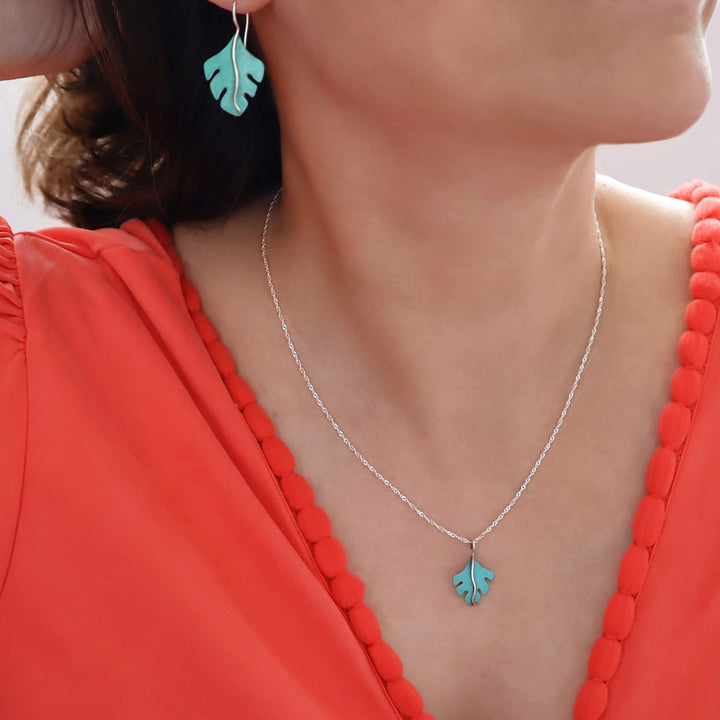Forest Green Patina Leaf Necklace in Copper and Silver