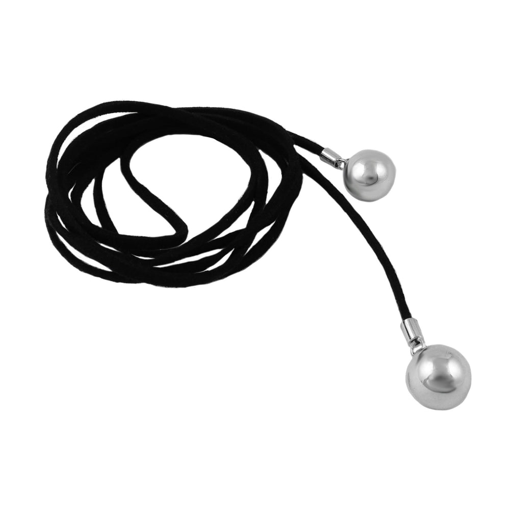 Black suede cord necklace with silver ball bead clasps on a white background
