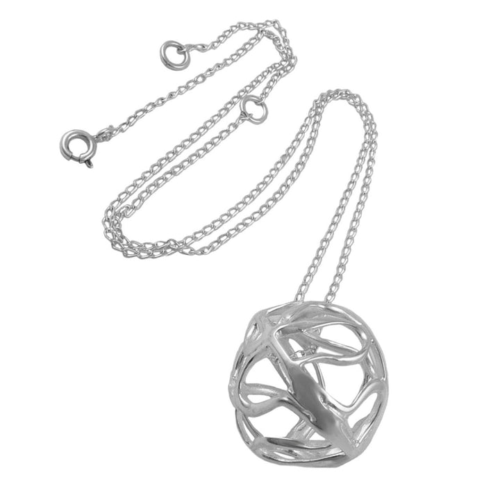 Silver necklace with a unique ball pendant on a white background