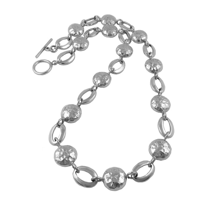 Silver chain necklace with round and oval links on a white background