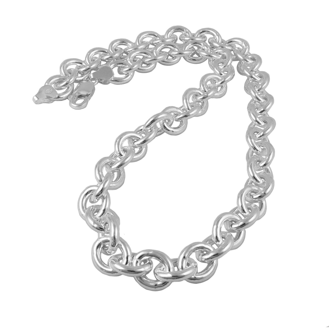 Chunky sterling silver rolo chain necklace on a white background