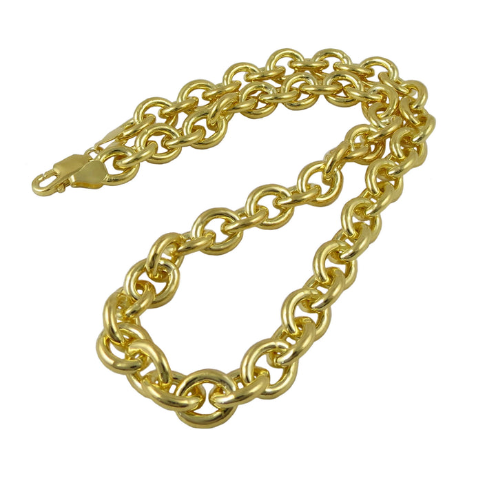 Gold rolo link chain necklace on a white background