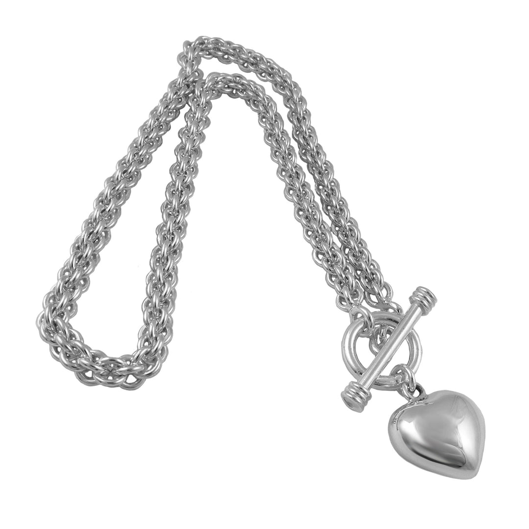 Chunky chain sterling 925 silver necklace with heart-shaped puffed pendant and a t bar toggle on a white background