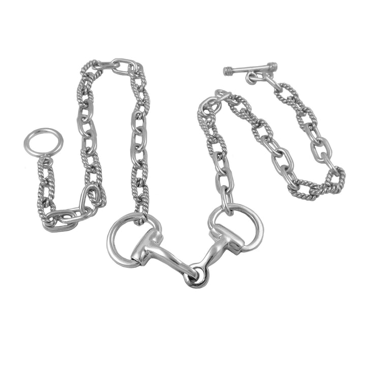 Silver horse bridle bit and chain necklace on a white background