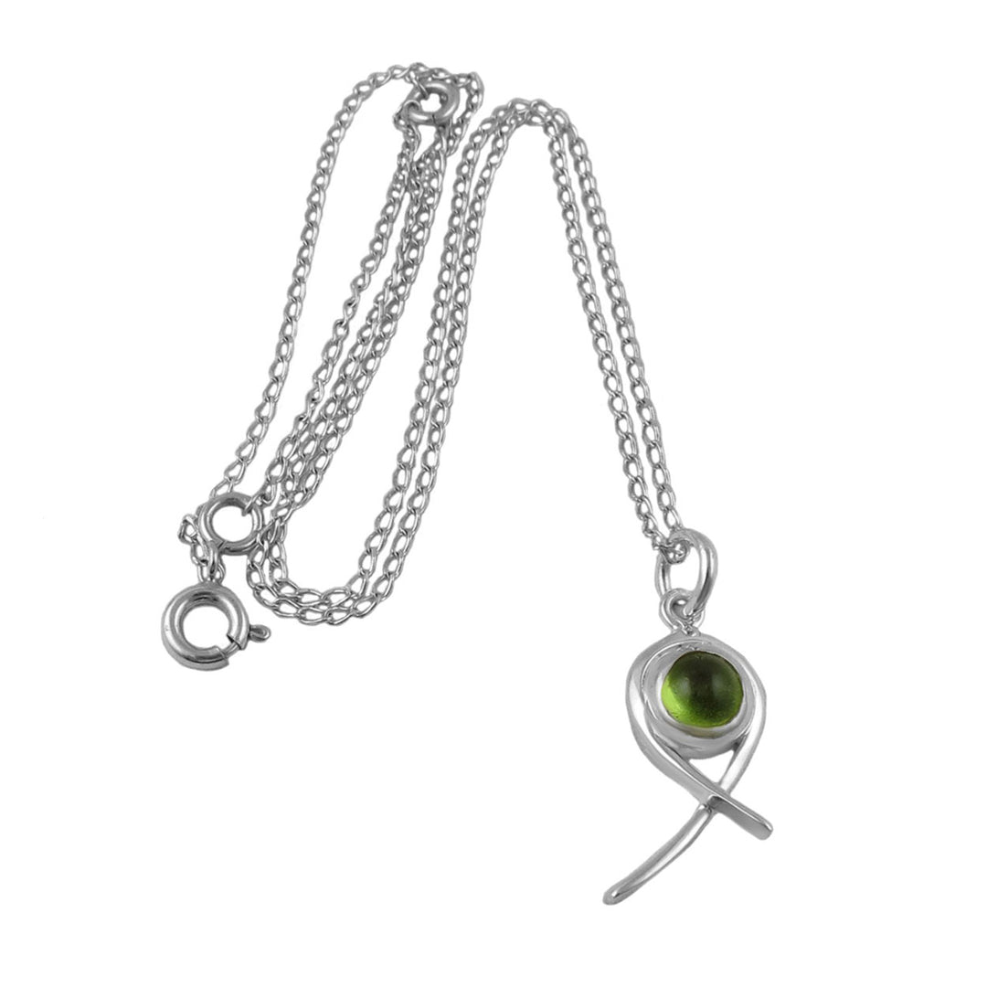 925 sterling silver necklace with a green peridot gemstone pendant on a white background