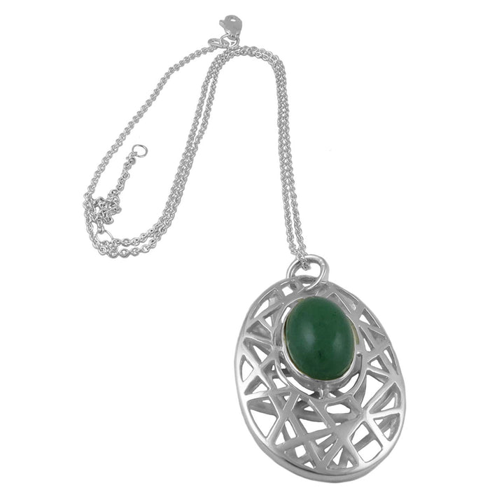 Bold geometric Taxco 925 sterling silver necklace with a green gemstone pendant on a white background