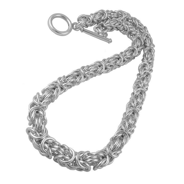 A chunky UK 925 sterling silver byzantine chain necklace with a t-bar toggle fastener on a white background