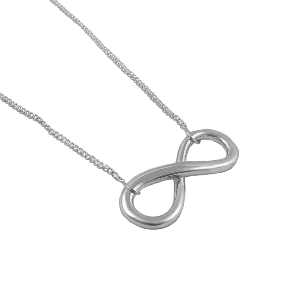 Infinity symbol necklace in 925 sterling silver featuring a pendant and chain on a white background. 