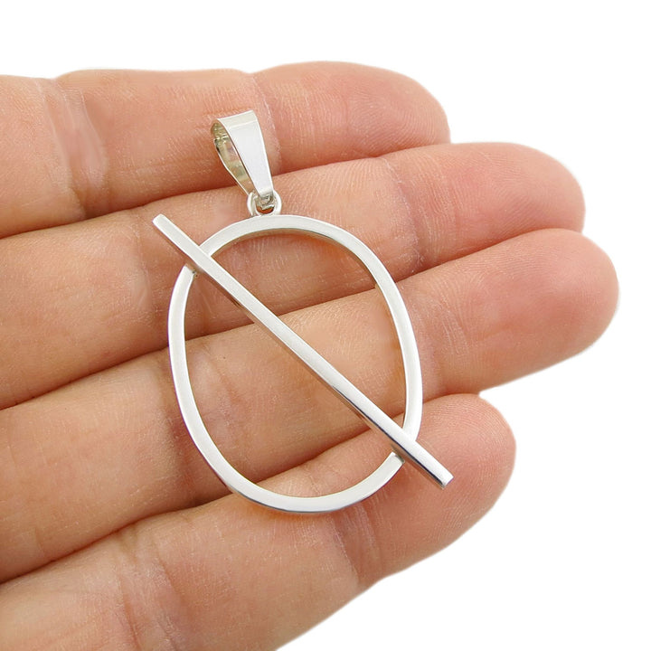 Mexican Silver Oblique Oval Pendant Necklace - Handmade