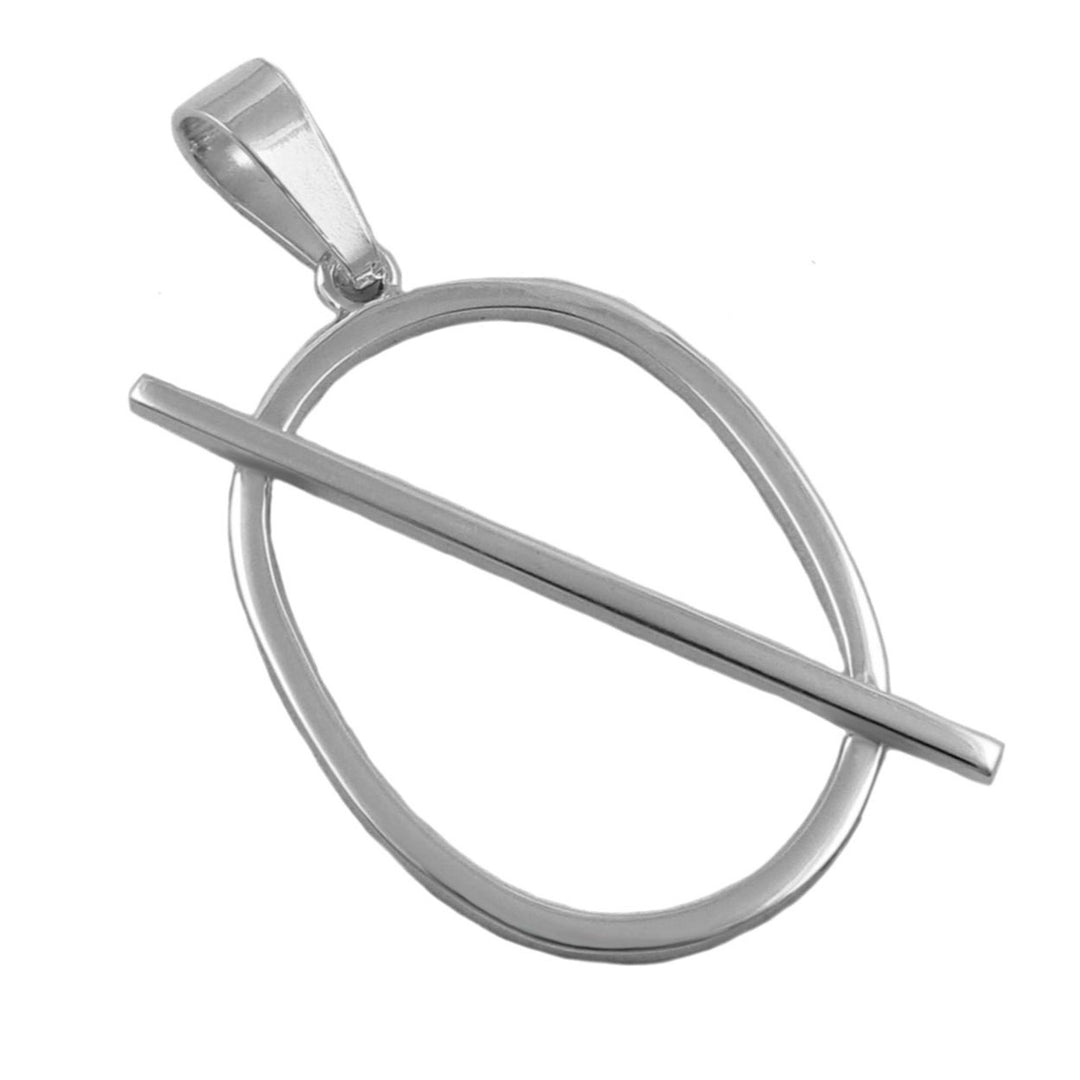 Silver pendant with an oval design and a horizontal bar on a white background 