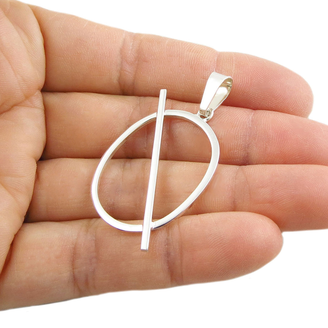 Mexican Silver Oblique Oval Pendant Necklace - Handmade