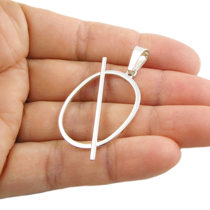 Mexican Silver Oblique Oval Pendant Necklace - Handmade