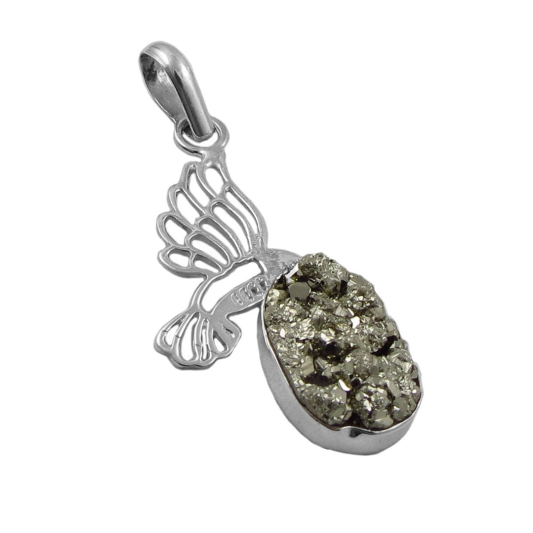 A silver bezel-setting pendant necklace with a gold-colored pyrite gemstone and decorative elements.