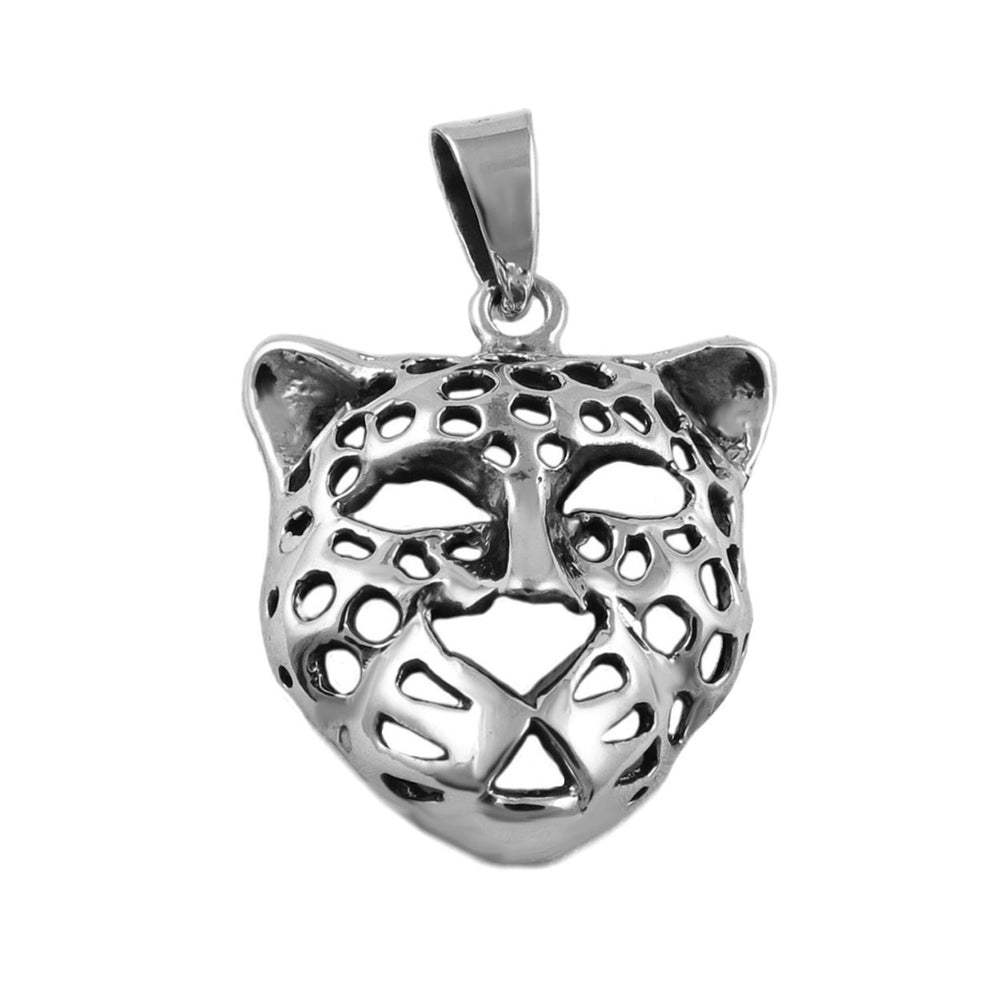 A sterling silver pendant in the shape of a leopard face with cut-away spots, hanging from a large bale.
