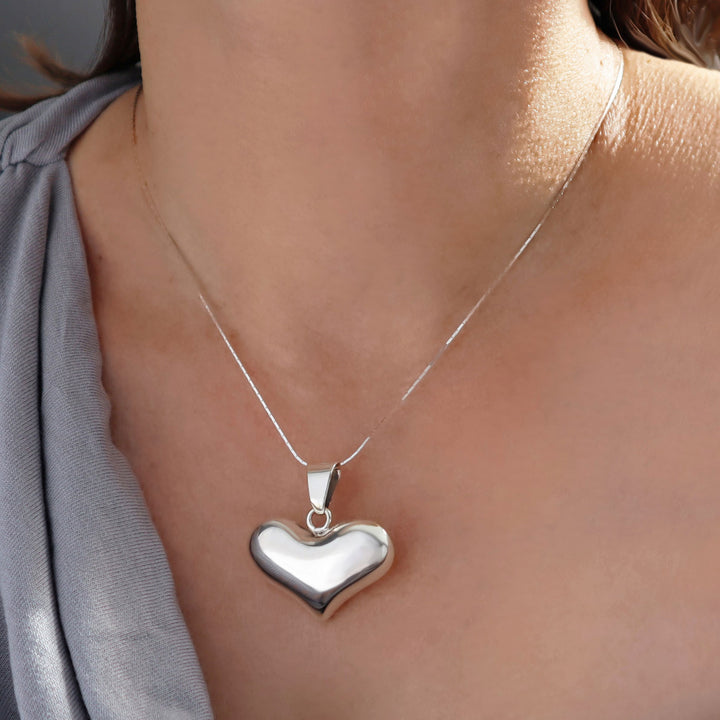 Silver Puffy Heart Pendant Necklace