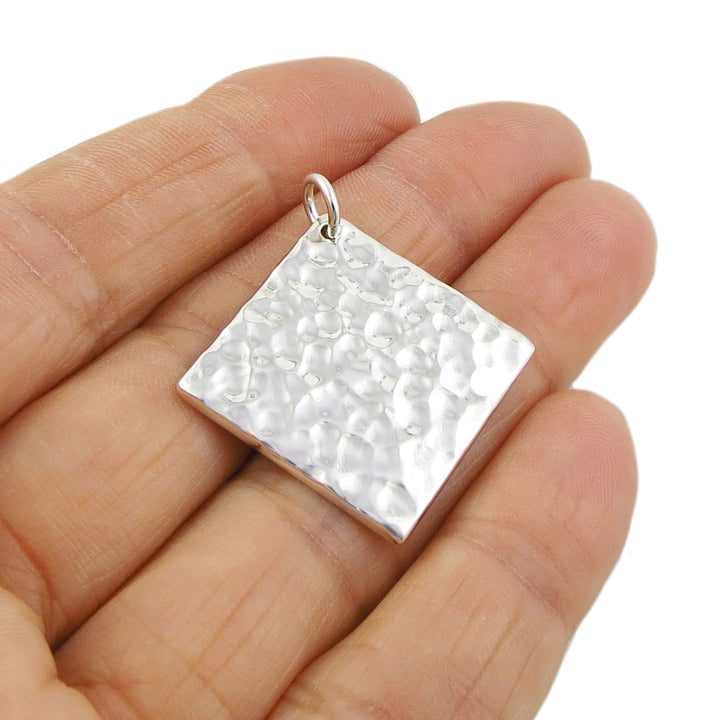 Hammered Sterling Silver Chunky Square Pendant Necklace