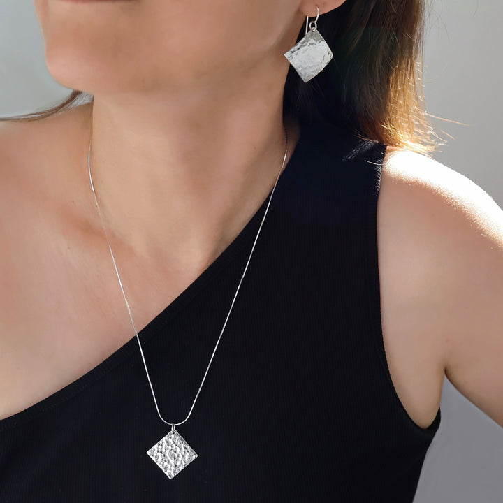 Hammered Sterling Silver Chunky Square Pendant Necklace