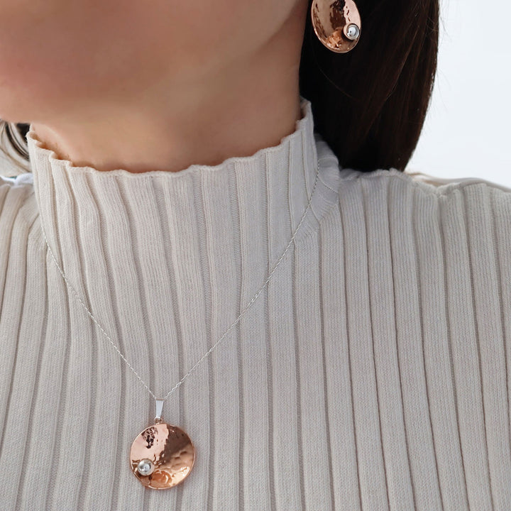 Two-Tone Hammered Copper and Silver Pendant Necklace