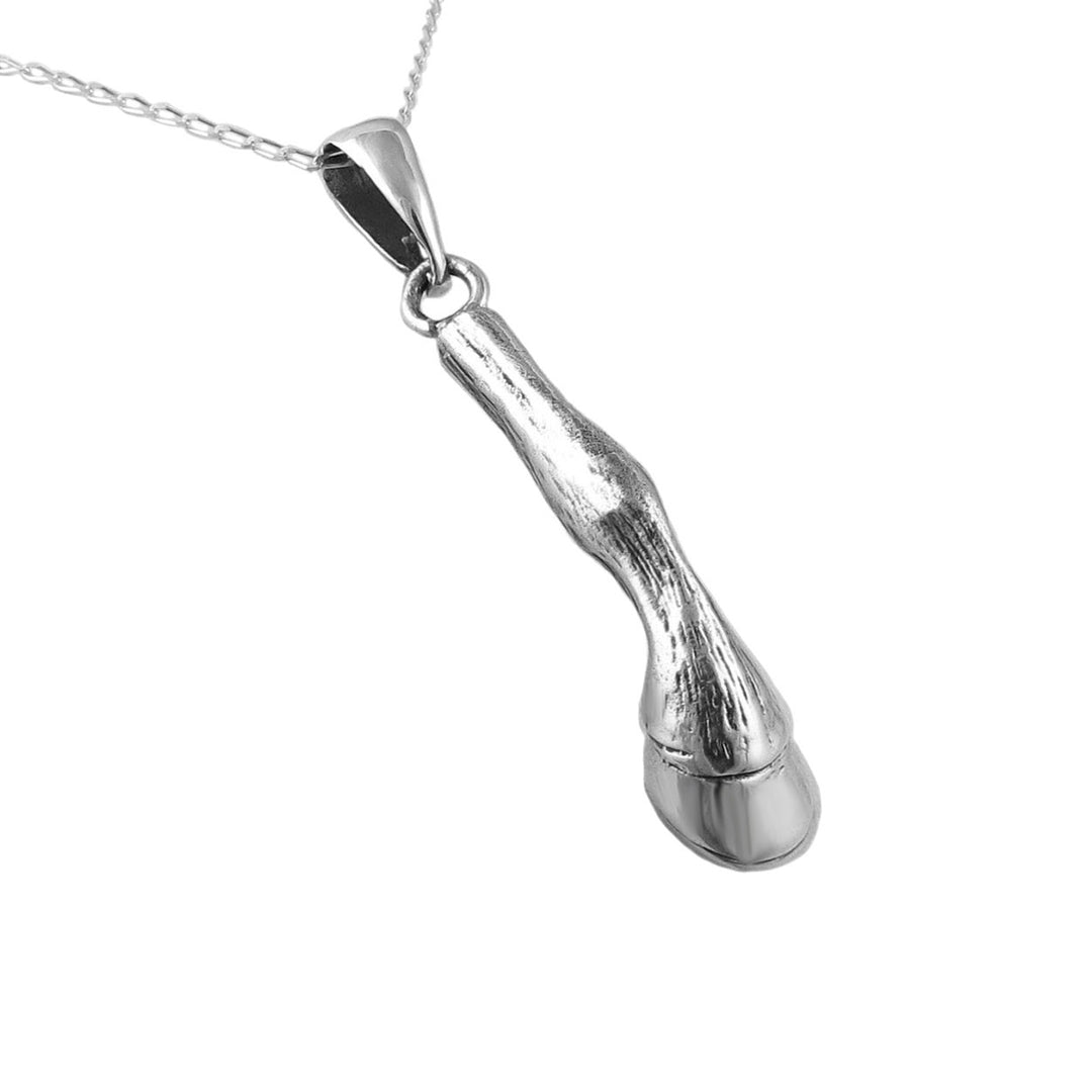 Silver horse hoof pendant necklace on a white background