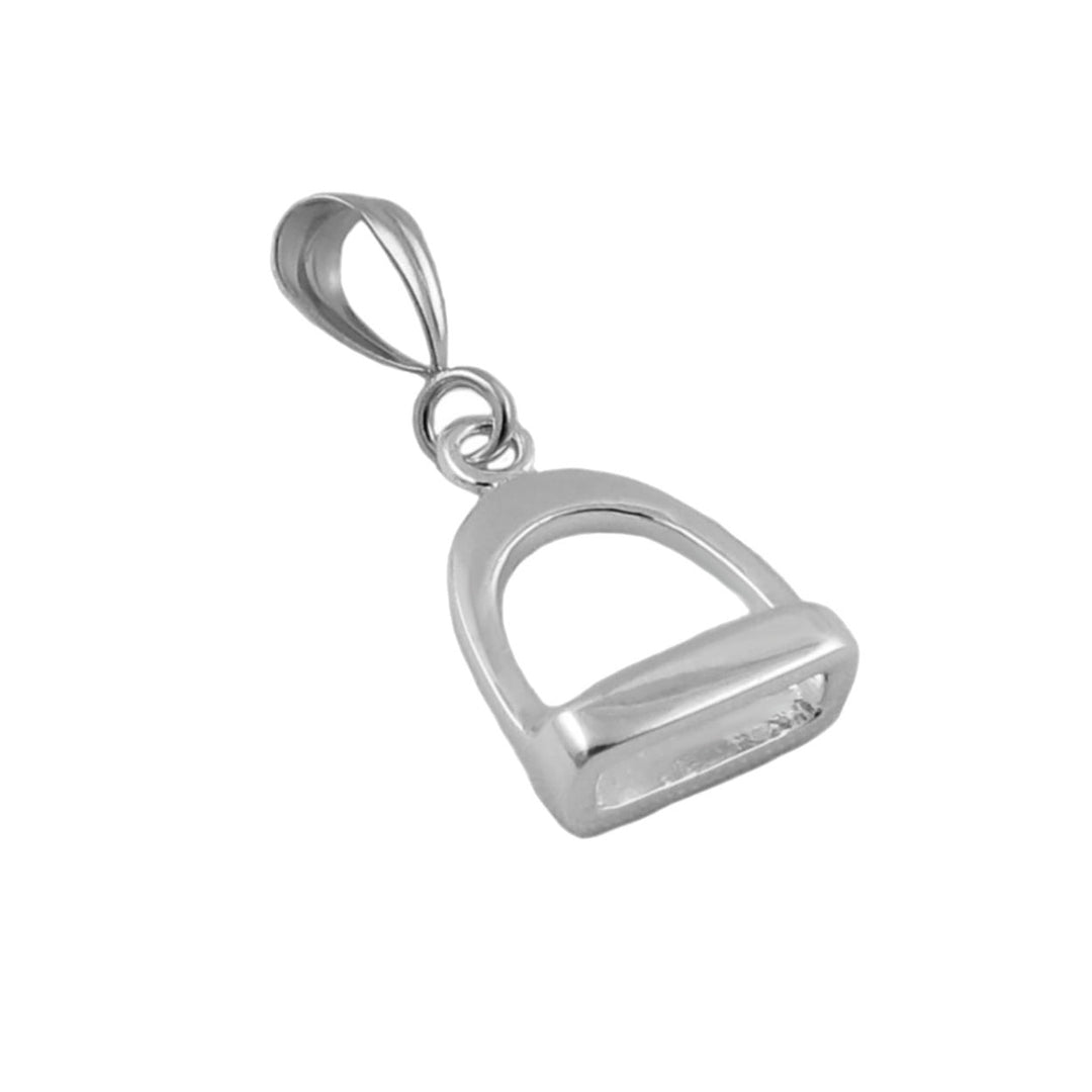 A sterling 925 silver equestrian design hore stirrup pendant jewellery with a large oval bail on a white background