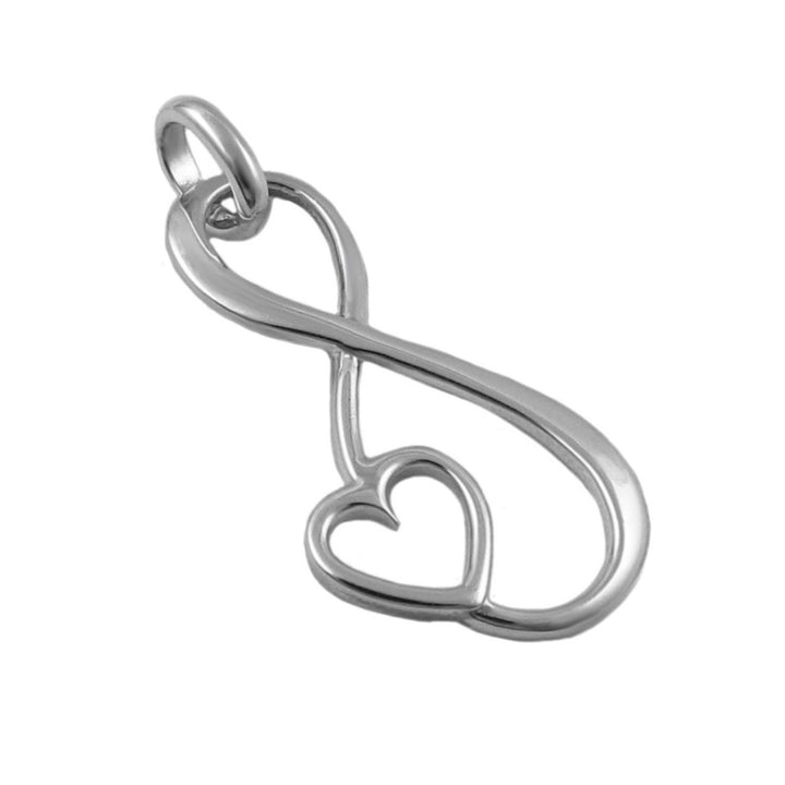 Sterling 925 Silver figureof eight infinity and heart pendant on a white background
