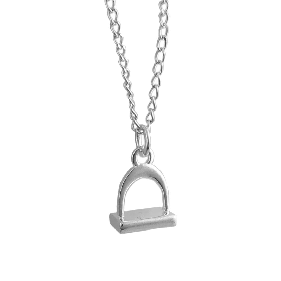 Sterling 925 silver horse stirrup pendant and chain necklace on a white background