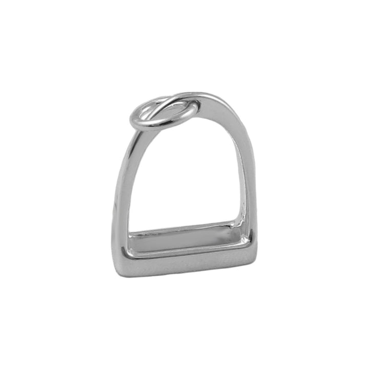A large 925 silver equestrian horse stirrup pendant jewelley on a white background. 