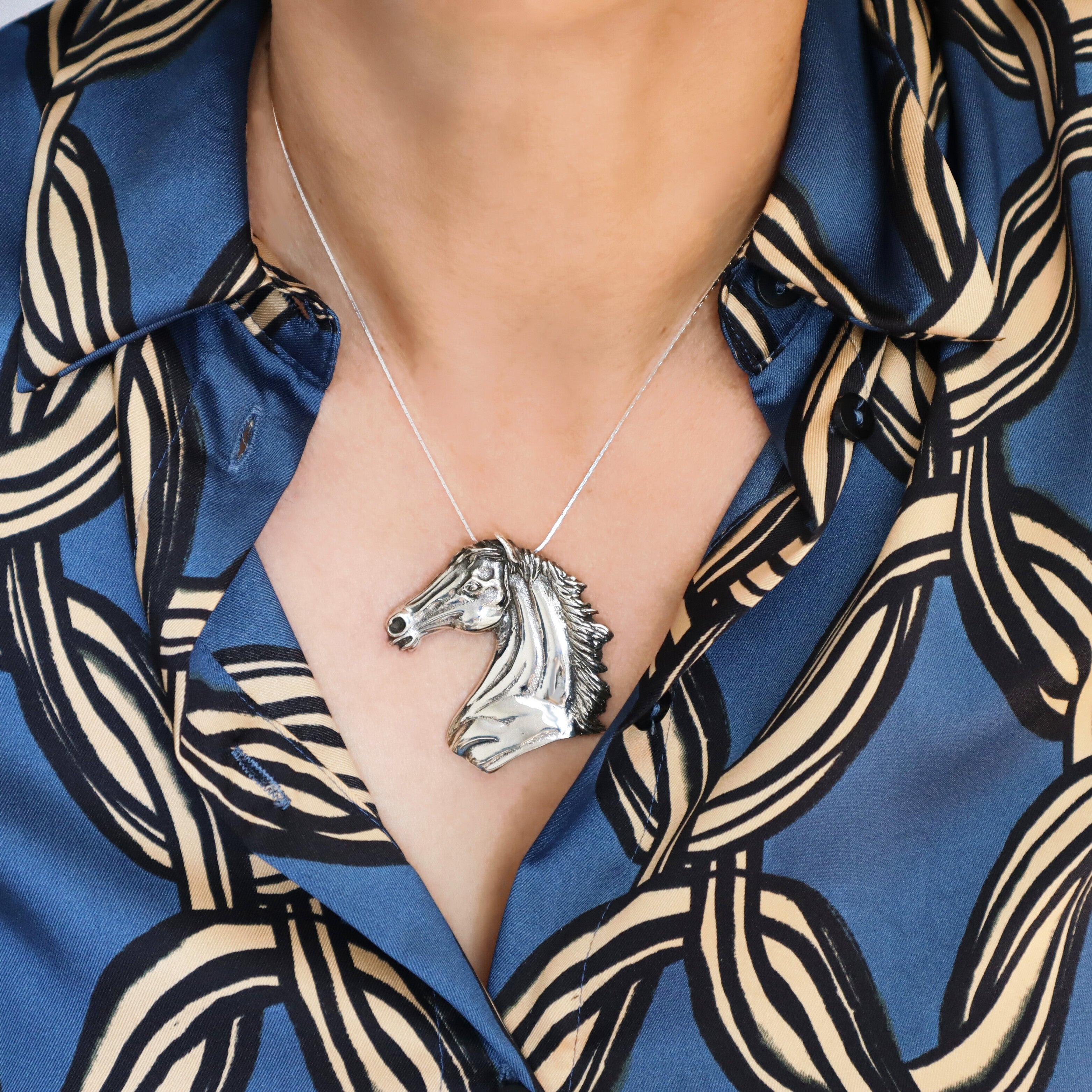 Platinum Horse Head Pendant with Blue Diamonds - Obsessions of Weybridge