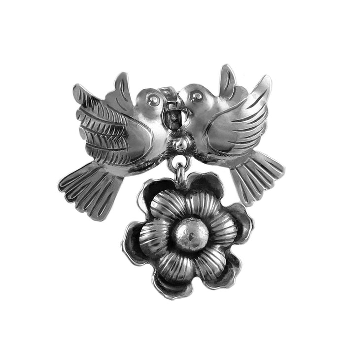 Loverbirds and Flowers Sterling Silver Pendant