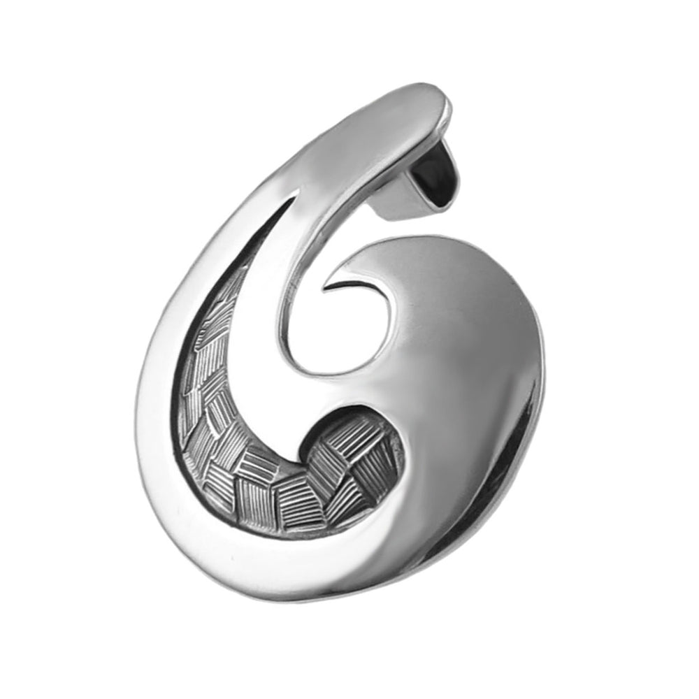 A 925 sterling silver pendant necklace with a gracefully elongated ocean wave design and recessed grooves on the surface against a white background. 
