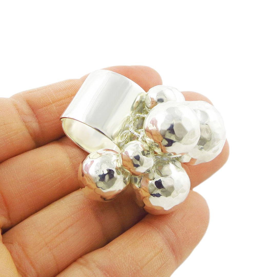 White CZ Ball Cluster Ring - Sterling Silver Band, Fashion Chic Jewelry, Sizes 5-9