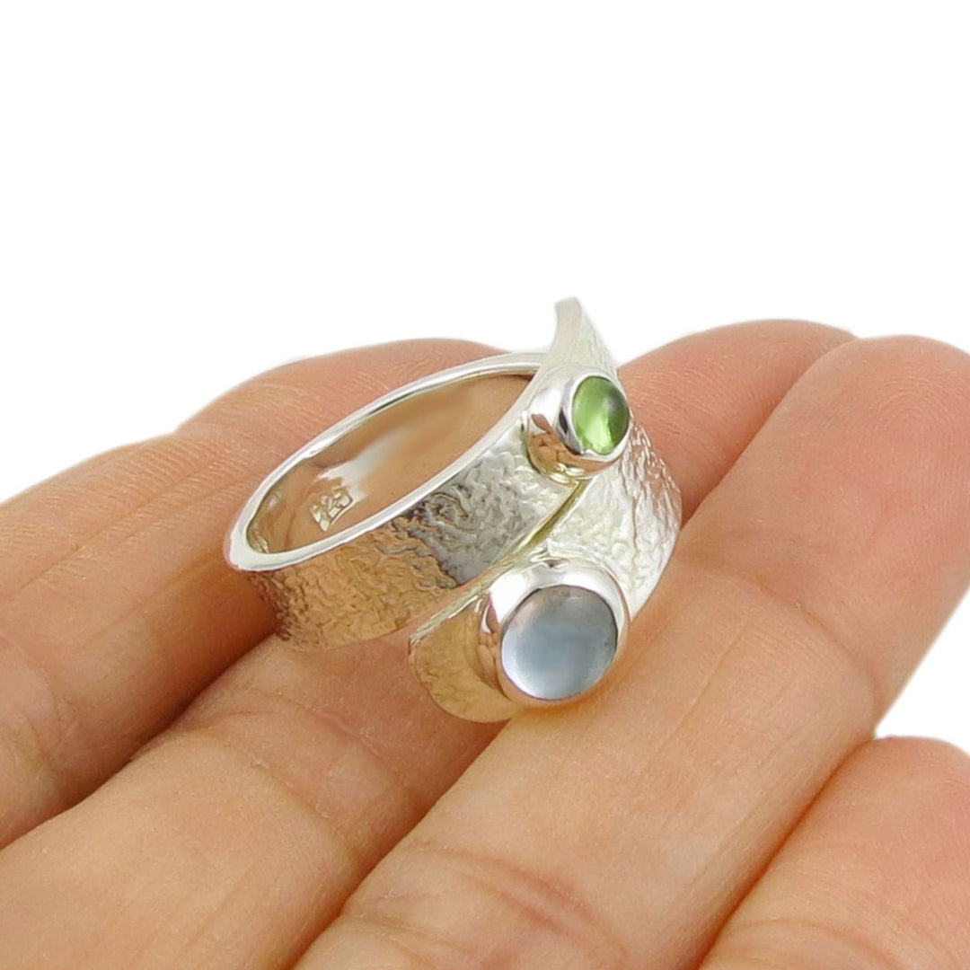 Blue Topaz and Peridot Gemstone Silver Ring