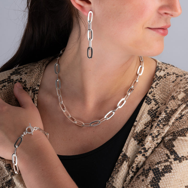 Wide Sterling Silver Curb Chain Dangle Earrings