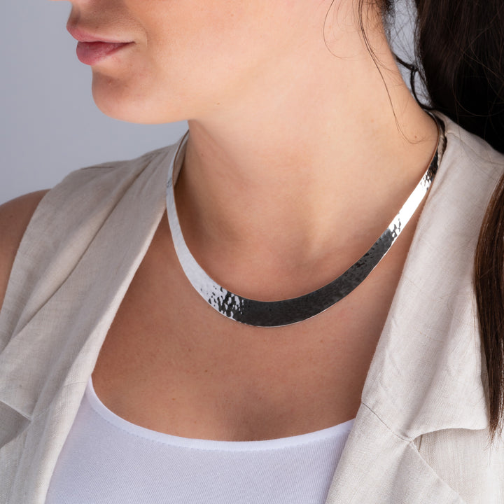 Large Hallmarked Hand Hammered 925 Sterling Silver Choker Necklace