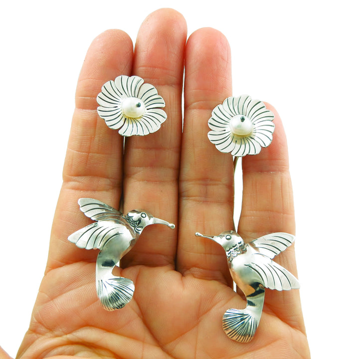 Handmade Long 925 Sterling Silver Hummingbird and Flower Drop Earrings