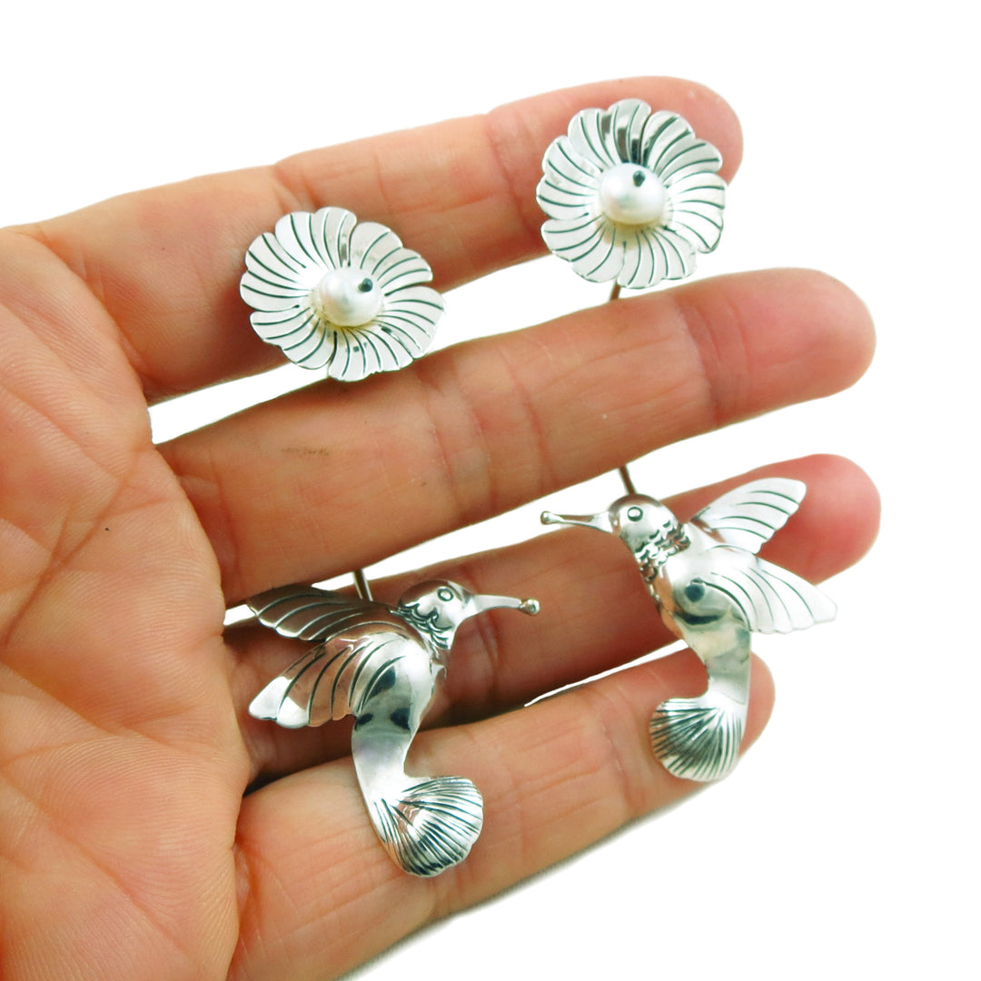 Handmade Long 925 Sterling Silver Hummingbird and Flower Drop Earrings